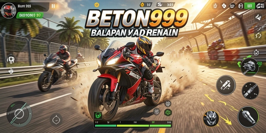 Tampilan gameplay BETON999 dengan aksi balapan motor yang cepat.