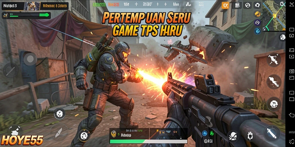 Tangkapan layar utama HOYE55 menunjukkan pertempuran mendebarkan dalam TPS.
